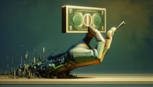 A stylized robotic hand rising from a digital, pixelated base holds a dollar bill against a dark, abstract background—artistically blending mechanical and digital elements, evoking modern payday loan options in Carrollton.