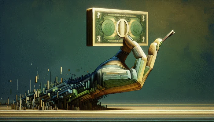 A stylized robotic hand rising from a digital, pixelated base holds a dollar bill against a dark, abstract background—artistically blending mechanical and digital elements, evoking modern payday loan options in Carrollton.