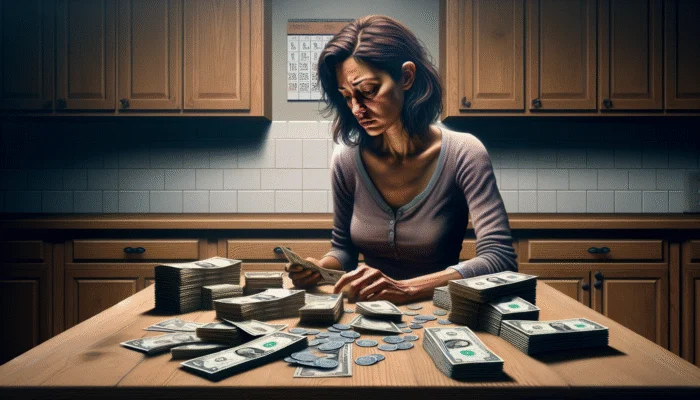 Person counting money at kitchen table, surrounded by bills and calendar, stressed about short-term payday loan.