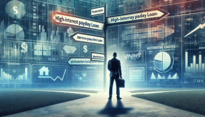 Person at crossroads contemplating payday loan document with high interest rates, surrounded by financial charts and alternatives.