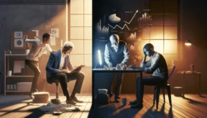Four men work in a dimly lit Texas office with papers, charts, and computers; digital graphs and data on the wall highlight a focus on business analysis for microloans or financial planning.
