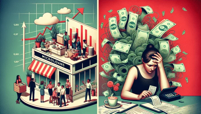 A split image contrasting a thriving small business (microloans) with a stressed person over bills (payday loans), with interest rate charts.