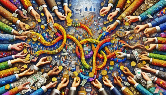 Hands exchanging colorful coins and bills, symbolizing microloan flow in global markets.