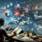 A person sits at a desk using a calculator and writing in a notebook, surrounded by floating digital graphics of charts, budget calculators, money, and scientific symbols, suggesting financial analysis or data science work.