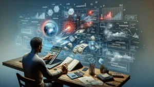 A person sits at a desk using a calculator and writing in a notebook, surrounded by floating digital graphics of charts, budget calculators, money, and scientific symbols, suggesting financial analysis or data science work.