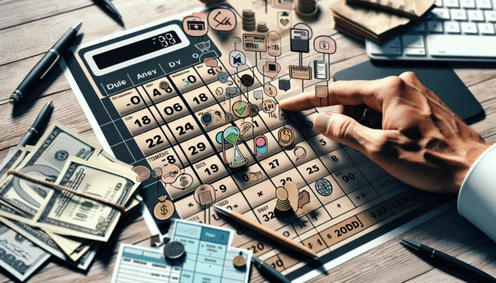 A hand using a calculator on a cluttered desk with bills, calendar, and a computer showing a payday loan budget calculator app.