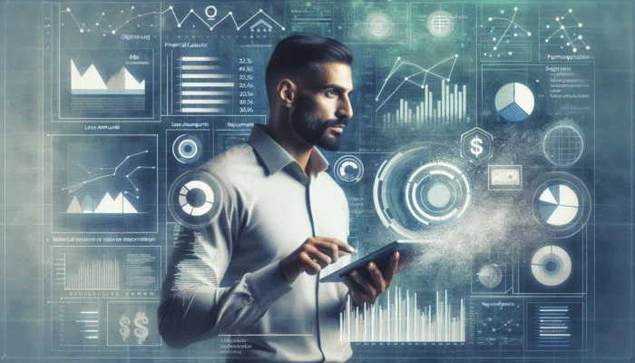 Person using digital budget calculator with charts and graphs, symbolizing financial literacy and management.