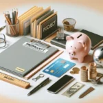 A desk with office supplies, a piggy bank, coins, cash, a credit card, a clipboard labeled "PREPIRANTI," and folders arranged neatly—ideal for organizing payday loan documents or following a payday loan guide.