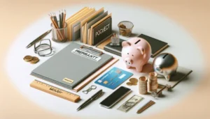 A desk with office supplies, a piggy bank, coins, cash, a credit card, a clipboard labeled "PREPIRANTI," and folders arranged neatly—ideal for organizing payday loan documents or following a payday loan guide.