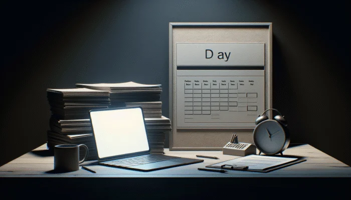 Laptop on desk showing payday loan application, surrounded by documents, calendar, and clock in dim room.