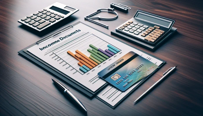 A desk with proof of income, government ID, calculator, and pen for payday loan application.