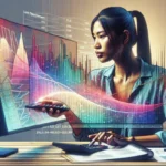 A woman sits at a desk using a desktop computer displaying colorful charts and graphs. She holds a pen, interacting with Payday Loan Debt Calculators on the screen, appearing to analyze 2023 data. Papers and a calculator are also on the desk.