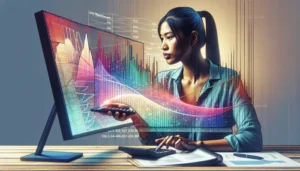 A woman sits at a desk using a desktop computer displaying colorful charts and graphs. She holds a pen, interacting with Payday Loan Debt Calculators on the screen, appearing to analyze 2023 data. Papers and a calculator are also on the desk.