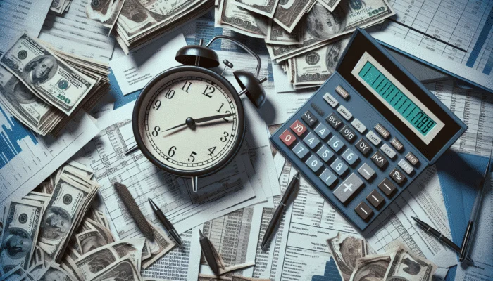 A digital calculator on a desk with loan documents and a clock, illustrating payday loan debt management urgency.