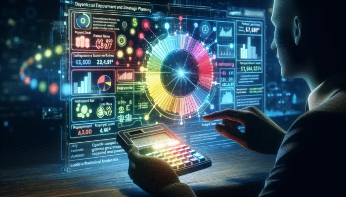 A person using a calculator to analyze a chart of payday loan options, rates, and schedules.