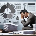 A man in a suit sits at a desk with his head in his hand, surrounded by stacks of papers, a calculator, and a computer. Behind him, charts and graphs about payday loan debt highlight the need for guidance and flexibility in financial planning.