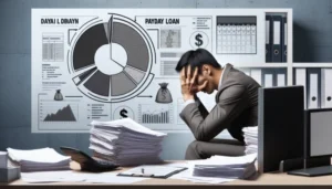 A man in a suit sits at a desk with his head in his hand, surrounded by stacks of papers, a calculator, and a computer. Behind him, charts and graphs about payday loan debt highlight the need for guidance and flexibility in financial planning.