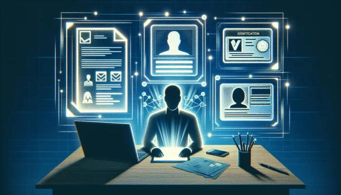 Person submitting loan application documents at office, checklist on screen.