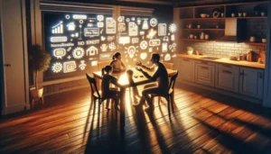 A family of four sits around a table in a modern kitchen, glowing digital icons and symbols above them illustrating technology, connectivity, and fast alternatives like emergency cash solutions available during their interaction.