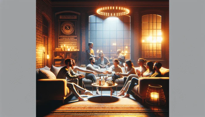A cozy living room scene with friends and family exchanging money and IOU notes, symbolizing trust and support.
