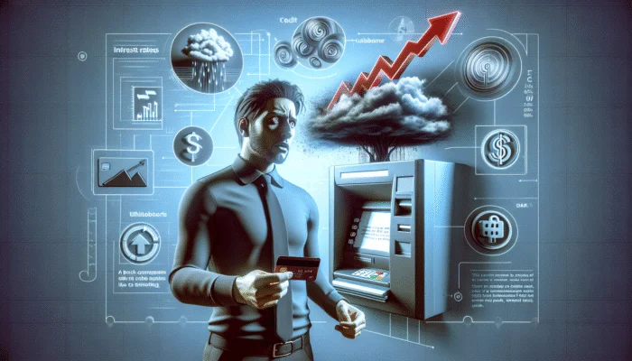 Person withdrawing cash from ATM with credit card, surrounded by shadows and high interest symbols, highlighting cash advance risks.