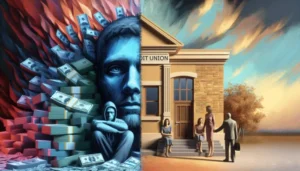 A split image shows a sad person surrounded by cash and flames, highlighting payday loan risks on the left, while the right depicts people calmly outside a credit union in Texas, suggesting safer ways of avoiding loan traps.