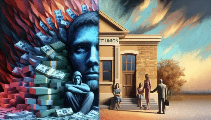 A split image shows a sad person surrounded by cash and flames, highlighting payday loan risks on the left, while the right depicts people calmly outside a credit union in Texas, suggesting safer ways of avoiding loan traps.