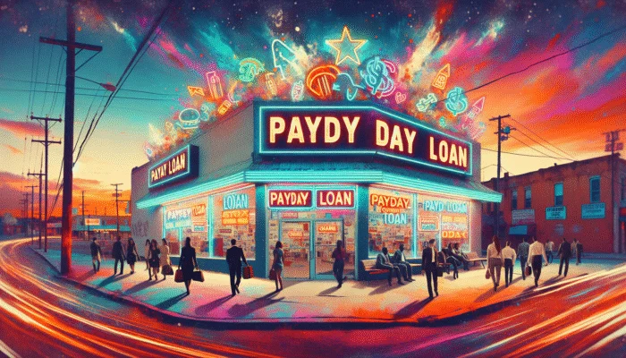 A Texas street with a payday loan store, neon signs, people, and a vivid sunset sky.