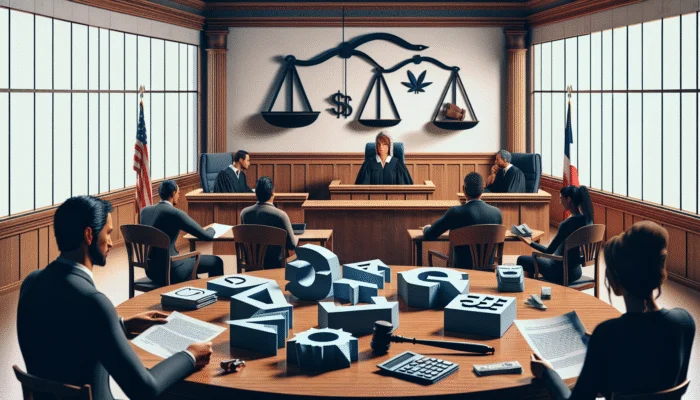 A Texas courtroom scene with legal documents on payday loan regulations and diverse borrowers studying the laws.