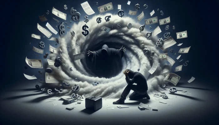 A distressed person overwhelmed by payday loan contracts, high interest rates, and looming debt cycle.