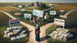 A Texan stands at a crossroads, choosing between options like payday loan tips, debt union, personal loan, and budgeting, with piles of cash, checks, and a house in the background—exploring smart holiday cash strategies.