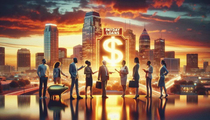A Texas skyline with a "Payday Loans" sign, diverse people discussing finance at sunset.