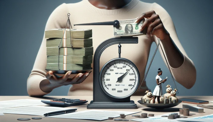 A person balancing cash against high interest and debt symbols, illustrating payday loan risks and benefits.