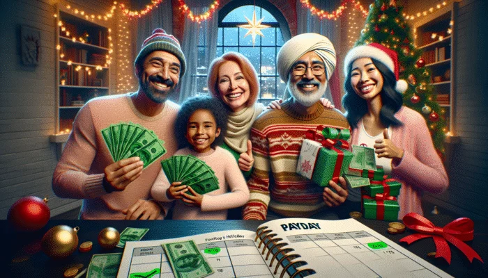 A festive Texas scene with a family holding cash, a calendar marked 'Payday', and holiday decorations.
