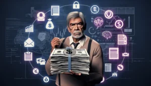 An older man holding a large stack of cash stands in front of digital financial icons, including graphs, dollar signs, and padlocks, representing Texas Seniors navigating finance, payday loans, and cybersecurity.
