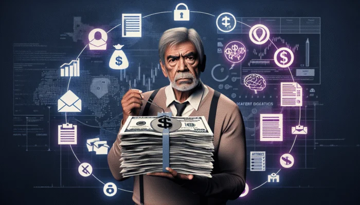 An older man holding a large stack of cash stands in front of digital financial icons, including graphs, dollar signs, and padlocks, representing Texas Seniors navigating finance, payday loans, and cybersecurity.
