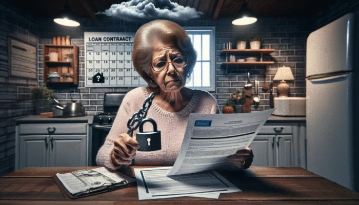An elderly Texas woman holding a payday loan contract, concerned, with a calendar marked 'Payday' in the background.