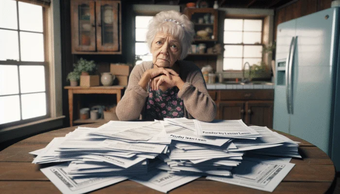 Elderly Texan woman at kitchen table, worried, with overdue bills and payday loan application.