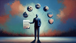 A person in a suit holding a document stands before six floating icons representing financial, legal, and governmental themes, including a dollar sign and scales—highlighting Texas regulations and payday loan law.