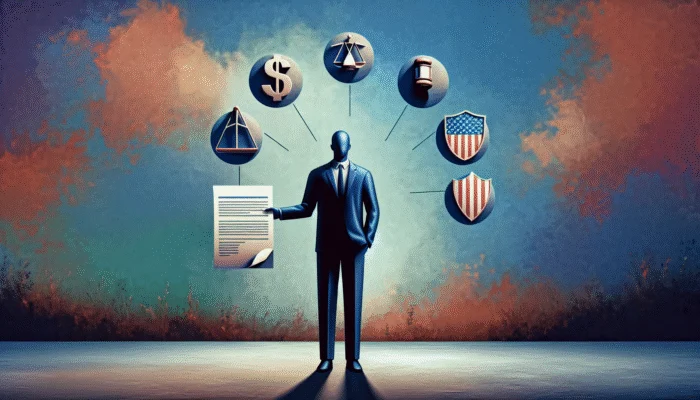 A person in a suit holding a document stands before six floating icons representing financial, legal, and governmental themes, including a dollar sign and scales—highlighting Texas regulations and payday loan law.