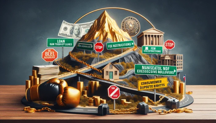 Texas state seal with document detailing payday loan regulations: $1,000 cap, fee limits, no excessive rollovers, repayment plans, dispute rights.