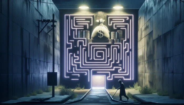 A shadowy figure in a maze of legal documents, with glowing loopholes, under a payday loan sign in a dimly lit alley.