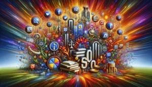 A colorful digital illustration featuring a burst of various icons, including books, graphs, social media logos, and payday loan marketing symbols, radiating outward against a vivid, abstract background inspired by Texas in 2025.