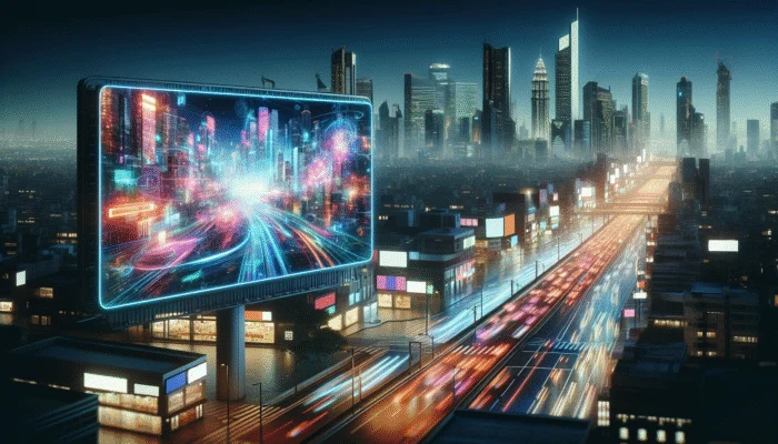 Futuristic digital billboard showcasing vibrant, interactive advertising strategies in a bustling night cityscape.