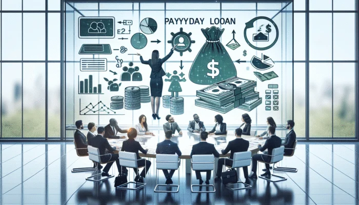 Marketers in a transparent office educating clients on payday loans, focusing on fairness and financial literacy.
