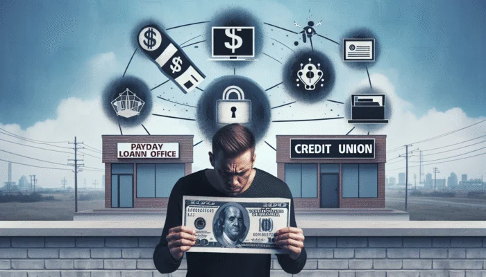 A man holding a hundred-dollar bill stands in front of a Corpus Christi payday loan office and a credit union. Icons of financial concepts and technology above his head symbolize choices, such as payday loans and varying payday loan terms.