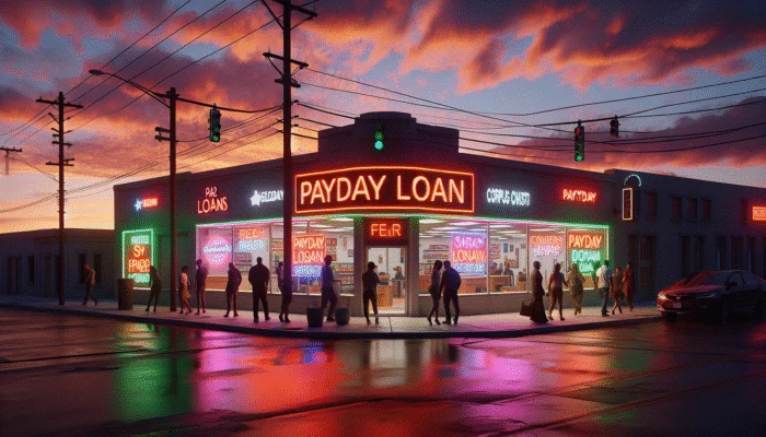 A busy Corpus Christi street corner with a neon-lit payday loan store at sunset, people coming and going.