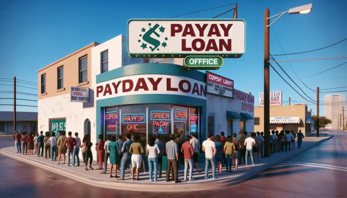 A busy Corpus Christi street with a payday loan office sign and people in line showing mixed emotions.