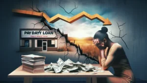 A woman sits at a table with her head in her hands, surrounded by scattered cash and paperwork. Behind her, a cracked wall reveals a Texas payday loan store and a downward trending arrow, highlighting the risks of payday loan default.