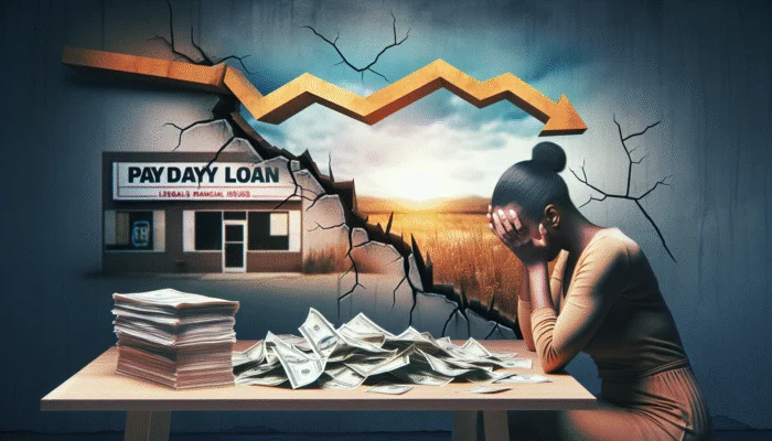 A woman sits at a table with her head in her hands, surrounded by scattered cash and paperwork. Behind her, a cracked wall reveals a Texas payday loan store and a downward trending arrow, highlighting the risks of payday loan default.